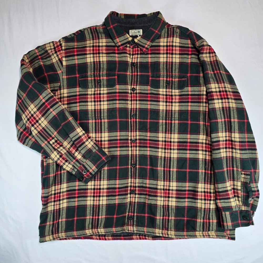 LL Bean Fleece Lined Flannel Shirt Jacket Mens Green Red Plaid Cotton XL